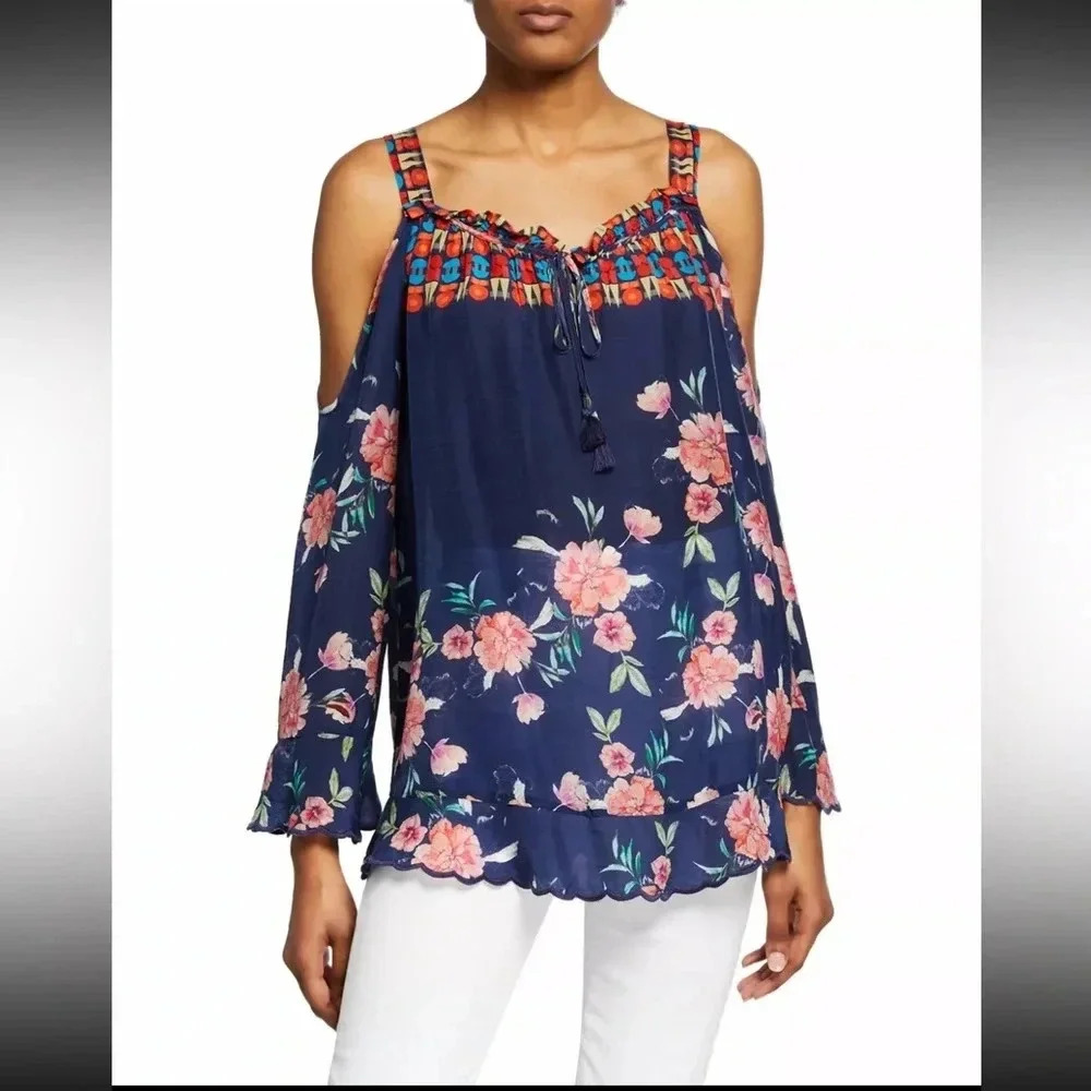 Johnny Was Oceane Printed Floral Cold-Shoulder Long Sleeve Top Small